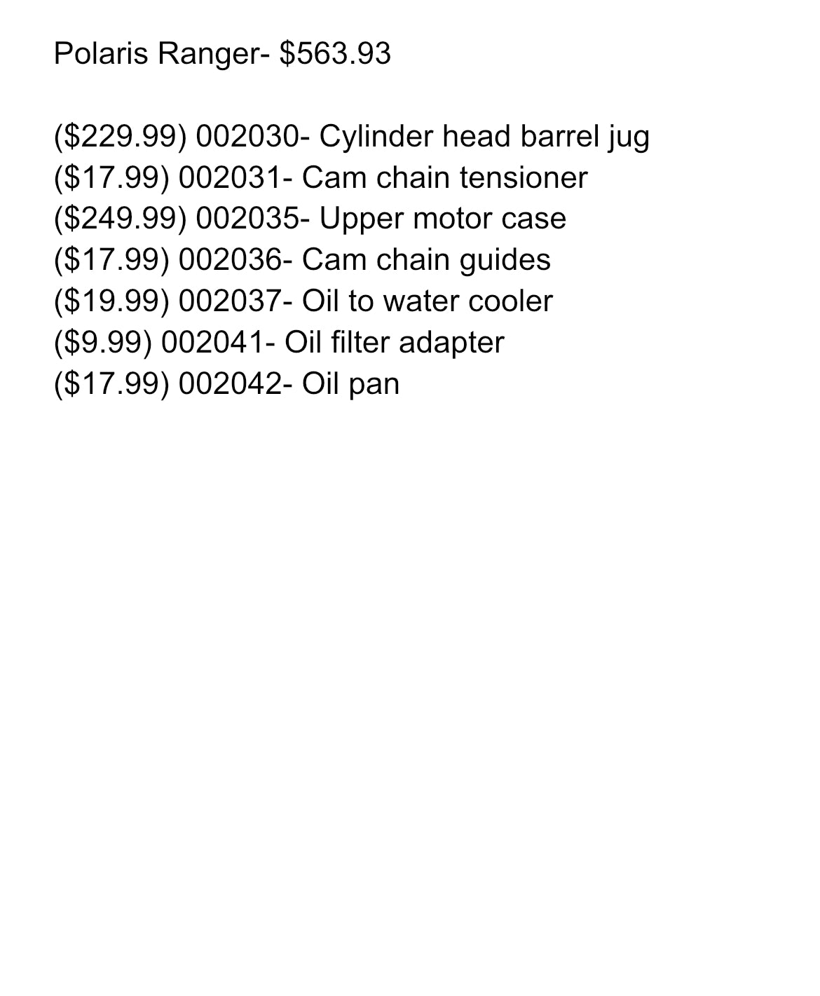 2020-2023 Polaris Ranger 1000 SOHC Parts Wholesale Lot (7,17) WZ